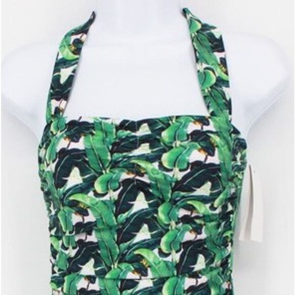 Swimsuit Vintage Style One Piece Halter with Green/Black Palm Print Size Small - Picture 2 of 9